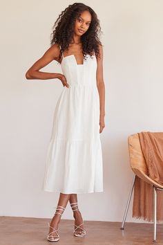 Simplicity and Sweetness White Sleeveless Tiered Midi Dress Midi Dress Wedding, White Flowy Dress, Dresses Lulus, Full Midi Skirt, Engagement Dress, Notched Neckline, Bridal Shower Dress, Halter Midi Dress, White Midi