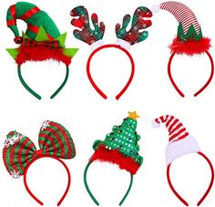 six christmas headbands with hats on them