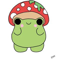 a green frog with a red mushroom on it's head and black eyes is standing in front of a white background