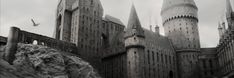 the hogwarts castle is shown in this black and white photo with birds flying around it