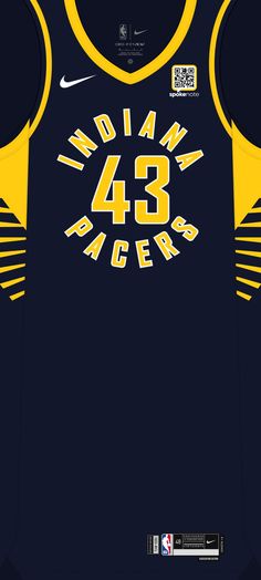 the indiana pacers'nike basketball jersey is shown in blue and yellow, with white lettering