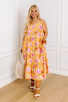 Friendly Smiles Floral Midi Curves Spring Lookbook, Ray Of Sunshine, Darling Dress, Yellow And Pink, V Cut, V Cuts, Women Clothing Boutique, Online Womens Clothing, Boutique Clothing