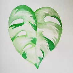 a painting of a green leaf in the shape of a heart on a white background