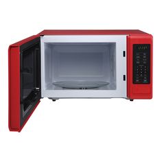 a red and white microwave oven with the door open to show it's inside