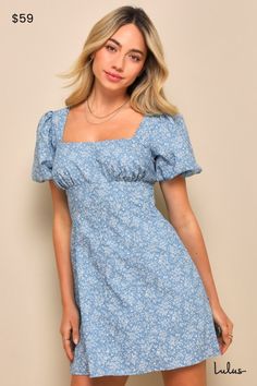 Make any spring day the best day with an adorable look like the Lulus Flawless Darling Blue Floral Chambray Tie-Back Mini Dress! Lightweight cotton-blend woven chambray shapes this too-cute dress that boasts a delicate floral print throughout as it shapes a lightly gathered bodice, a square neckline, and trendy puff sleeves with elastic at the shoulders and cuffs. The high, empire-style waist (with elastic at the back for fit) tops an A-line skirt that finishes at a flirty mini hem. Long tying s Light Blue Square Neck Mini Dress For Summer, Summer Light Blue Mini Dress With Square Neck, Summer Light Blue Square Neck Mini Dress, Fitted Light Blue Cotton Mini Dress, Light Blue Ditsy Floral Print Spring Dress, Light Blue Ditsy Floral Spring Dress, Spring Cotton Sundress Mini Dress, Cotton Spring Sundress Mini Dress, Cotton Spring Sundress