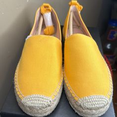 J Crew Yellow (Saffron) Canvas Classic Espadrilles Ankle Tie Flats Size 10.5. These Are New In Box, One Shoe Does Have A Dark Smudge On It. I Did Not Try To Remove, Hopefully It’s An Easy Fit. Please Zoom In On Photos As They Are Part Of The Description Yellow Espadrilles With Woven Sole For Beach, Yellow Round Toe Espadrilles For Spring, Yellow Slip-on Espadrilles For Beach, Yellow Beach Espadrilles With Woven Sole, Casual Flat Platform Espadrilles, Casual Platform Espadrilles For Spring, Casual Spring Platform Espadrilles, Yellow Espadrilles With Woven Sole And Round Toe, Yellow Espadrilles With Woven Sole