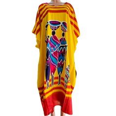 Our African print Kaftans combine stunning designs with bright colors that create a lasting impression. These gorgeous dresses are handmade from rayon fabric and have big wide sleeves for a stylish look. These luxuriously soft kaftans can be worn all year round. Kaftan dresses are considered royalty outfits and provide all-day comfort. You’ll love the non-restrictive fit, soft feel, and alluring flow of this African print Kaftan. One size fits most Yellow Printed Long Maxi Dress, Yellow Long Printed Maxi Dress, Multicolor Batik Print Free Size Maxi Dress, Multicolor Batik Print Maxi Dress In Free Size, Multicolor Batik Print Kaftan For Beach, Yellow Printed Long Sleeve Kaftan, Yellow Long Sleeve Printed Kaftan, Multicolor Batik Print Kaftan For Beach Cover-up, Traditional Multicolor Maxi Dress With Batik Print