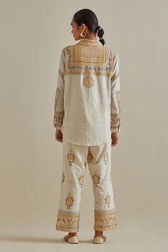 Yellow and off-white cotton chanderi shirt with silk thread, mirror, sequins and braids embroidered patchwork. Comes with cotton straight pant with side pockets and a slip. - Aza Fashions Silk Patchwork, Maroon Pants, Straight Cut Pants, Indian Kurta, Beige Silk, Yellow Shirt, Yellow Shirts, Suit Designs, Kurta Set