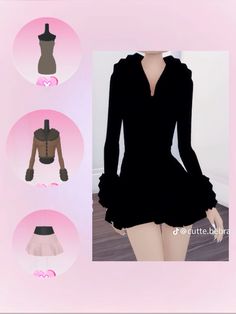 the dress is black and has three different styles on it, including one with long sleeves