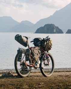 a bike parked next to the water with backpacks on it