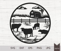 farm scene with cows and barn in the background svg dxf eps png