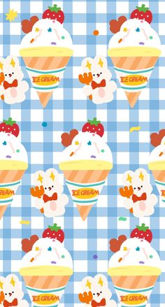 an ice cream sundae pattern on a blue and white checkered tablecloth background