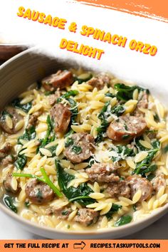 Discover the perfect weeknight dinner with our Sausage & Spinach Orzo Delight recipe. This dish combines savory sausage, fresh spinach, and perfectly cooked orzo to create a hearty meal that's both satisfying and easy to make. Ideal for busy schedules, this flavorful recipe will quickly become a family favorite. Save time in the kitchen without sacrificing taste and enjoy a delicious home-cooked meal that brings everyone to the table. Find the step-by-step guide to whipping up this delightful dish today. Sausage Orzo Recipes, Italian Sausage Orzo, Sausage And Orzo, Spinach Orzo, Amazing Pasta, Orzo Dishes, Creamy Orzo, Sausage Spinach, How To Cook Orzo