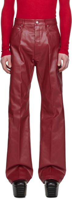 Wide-leg coated stretch denim jeans. · Low-rise · Belt loops · Five-pocket styling · Button-fly · Creased legs Supplier color: Cardinal red Red Leather Pants, Denim Cargo Pants, Jeans Belt, Rick Owens Men, Red Jeans, Color Fuchsia, Cut Jeans, Online Shopping Clothes, Rick Owens