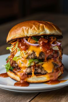 Double cheeseburger with lettuce, onions, and dripping sauces on a plate. Beef Patties