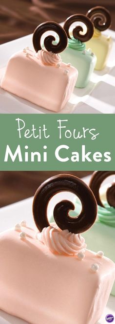 three different types of desserts with the words petit four's mini cakes on top