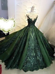 Sequin sparkly off the shoulder ball gown wedding/prom dress - various colors LinhBridal Recess Puffs, Quinceanera Green, Slytherin Dresses, Fantasy Vibes, Green Quince, Gala Ideas, Prom Inspo, Quince Ideas, Beautiful Wedding Gowns