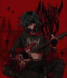 an anime character with black hair holding a guitar in his hands and looking at the camera