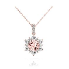 This exquisite diamond pendant features a beautiful 6 mm Morganite Center Gemstone encircled by a sunburst of diamonds suspended by a rose gold cable-link chain. Proudly made in the USA. Rose Gold Diamond Pendant Necklace With Gemstone, Rose Gold Round Necklace With Prong Setting, Rose Gold Necklace With Prong Setting, Rose Gold Diamond Necklace With Gemstone, Rose Gold Necklaces With Prong Setting, Rose Gold Pendant Diamond Necklace With Prong Setting, Dazzling Rose Gold Necklace With Prong Setting, Rose Gold Diamond Necklace With Gemstone For Formal Occasions, Formal Rose Gold Diamond Necklace With Gemstone