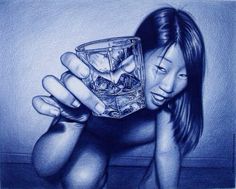 a drawing of a woman holding a glass in her hand with ice cubes on it