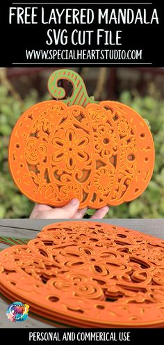 an orange pumpkin cut out with the text free layered mandal svg cut file on it