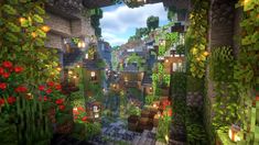 the inside of a minecraft village with flowers and plants on it's walls