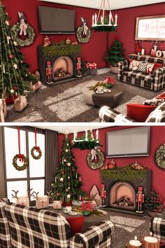 two pictures of a living room decorated for christmas