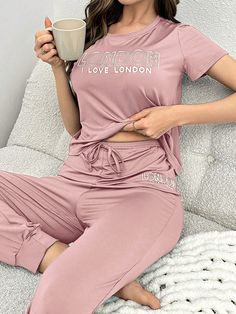 Women's English Printed Short Sleeve Long Pants Pajama Set Dusty Pink Casual-Woman  Short Sleeve Knitted Fabric Letter Pant Sets Slight Stretch All Women Sleep & Lounge, size features are:Bust: ,Length: ,Sleeve Length: Stretch Letter Print Loungewear Sets, Spring Letter Print Loungewear Sets, Spring Loungewear Sets With Letter Print, Casual Stretch Sleepwear With Letter Print, Cotton Stretch Sleepwear With Letter Print, Casual Sleepwear With Letter Print Long Pants, Relaxed Fit Loungewear Sets With Letter Print, Sleepwear Women Pajamas, Breast Tape Lift