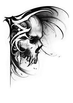 a black and white drawing of a skull with long hair on it's head