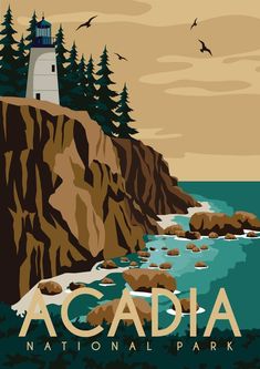 Acadia National Park Vector Illustration Background Modern Travel Poster, Vector Wall Art, Acadia National Park Maine, Maine Usa, Acadia National Park, Park Art, Laptop Decals, Usa Travel