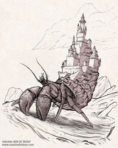 a drawing of a giant insect crawling in front of a castle