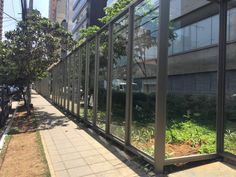 an empty sidewalk next to a building with lots of plants growing in the glass walls