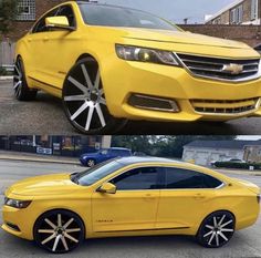 two pictures of the same yellow car