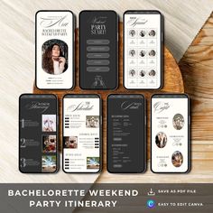 the bachelor weekend party itinerary is displayed on top of a wooden table with other items