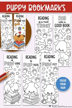 printable puppy bookmarks for kids to color and practice reading with their own dog