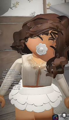 an animated image of a woman with brown hair and white dress, wearing a pacifier in her mouth