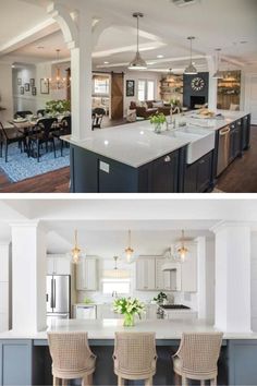 2 Kitchen with Column Idea Compared Each with Pendant Light and Massive Island Kitchens With Pillars, Pillar Kitchen Island, Island With Two Posts, Poles In Kitchen Island, Kitchen Island With Support Post Layout, Kitchen Island Column Ideas, Kitchen With Supporting Pillar, Kitchen Bar With Columns, Kitchen Island In Front Of Doorway