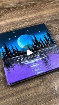 an acrylic painting of a night scene with trees and the moon in the sky