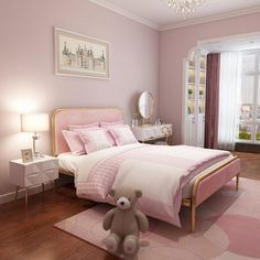 a pink bedroom with a teddy bear sitting on the rug in front of the bed