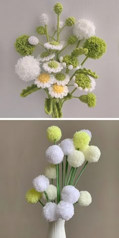 two different vases filled with flowers on top of each other, one white and the other green