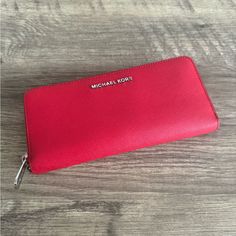 New Never Used. Silver Hardware Chic Red Wallet For Everyday Use, Red Bifold Bag With Zipper Closure, Chic Red Everyday Wallet, Bags Michael Kors, Michael Kors Wallet, Silver Hardware, Michael Kors Bag, Wallets, Michael Kors