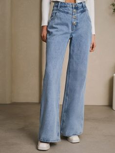 LICHI - Online fashion store :: High-waisted jeans with metal fastening Online Fashion Store, Flowing Skirt, Evening Outfits, Satin Midi Dress, Online Fashion Stores, Elegant Style, High Waist Jeans, Online Fashion, Fashion Store