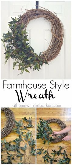 the farmhouse style wreath is ready to be hung on the door and put in place