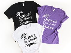 Celebrate your birthday with our Sweet Sixteen shirt that is perfect for you and all your friends! Express your birthday attitude with this cool design that is sure to turn heads. Order now before it's too late! This comfortable t-shirt will be your and your friends' favorite! Be simple, be different! M A T E R I A L S → All our simple color ones like White and Black are 100% Cotton. → All our Heathered Colors are cotton/polyester blend and they are super comfy soft! → Bella-Canvas Unisex Jersey Short Sleeve Crew-Neck Unisex T-Shirt → Soft and High-Quality Fabric → Sueded Jersey → Pre-shrunk → Taped shoulder-to-shoulder → Tear away label → Side Seamed → Retail fit S I Z E → We have a size chart on our listing photos. S H I P P I N G & P R O D U C T I O N T I M E → Production time is 1-3 bu Cute 16 Birthday Shirts For Friends, Seeet 16 Shirts, Sweet 16 Shirts Ideas Design Birthday, Sweet 16 Shirts Squad, Sweet 16 Tshirts, Sweet 16 Shirts, Squad Shirt, Design Cool, Birthday Girl Shirt