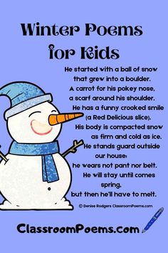 a snowman poem with the words winter poem for kids to read and write on it