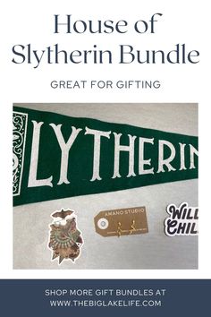 the house of slytherin bundle is shown with stickers and tags on it