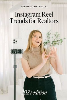 a woman standing in front of a white couch with the words instagram reels for realtors