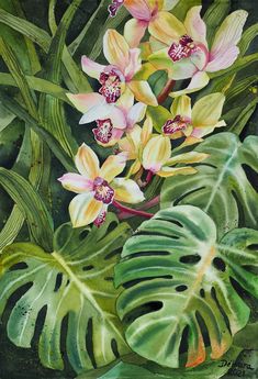 a painting of flowers and leaves on a green background with white, yellow and pink orchids