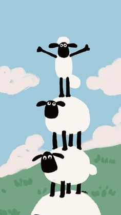 three black and white sheep standing on top of each other with their arms in the air