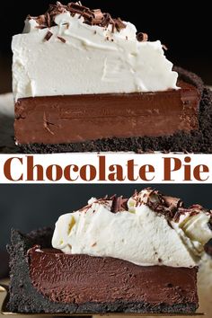 chocolate pie with whipped cream on top is shown in two different views, and the same slice has been cut into smaller pieces